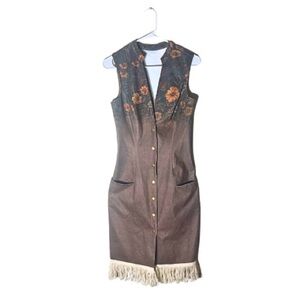 Floral Faux Suede Front Button Dress with Fringe | Size Sm